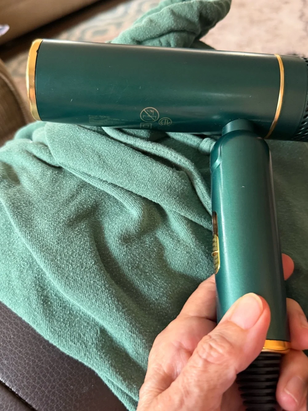 Dry Q SRI LABS. Green Portable Hair Dryer with Gold Accents - See attachment